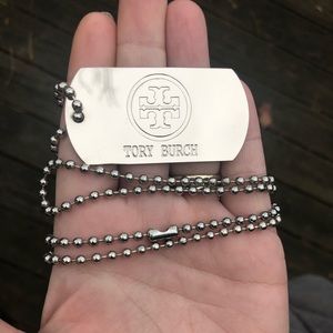 TORY BURCH Silver Dog Tag Necklace 15.5”